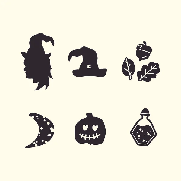 Eine Reihe schwarzer Halloween-Ikonen. Hexe, Kürbis, Zaubermütze, Blätter mit Eicheln. Festliche herbstliche Elemente für die Gestaltung. — Stockvektor