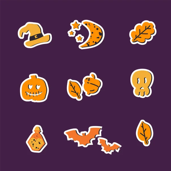 Sticker mit orangefarbenem Kürbis und anderen Halloween-Elementen. Festliche Etiketten für die Herbstferien. — Stockvektor