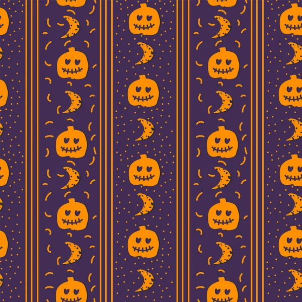 The background is orange with a pumpkin. A pattern with a carved pumpkin with a scary face for Halloween. Backing for wrapping paper or textiles. — Stock Vector