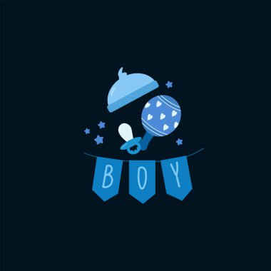 Yeni doğmuş bir bebeğin elementlerini taşıyan bir çocuk şablonu. Giysileri, oyuncakları ve yazıtları olan bir poster. Bebek için mavi bir şapka ve emzik..