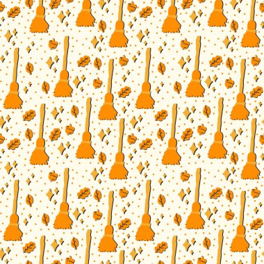 Cadılar Bayramı tekstil modeli ve bir cadı süpürgesi. Substrat sonbahar yapraklarıyla siyah ve turuncu renktedir. Çocuk tekstil karalaması için arka plan.