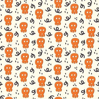 Cadılar bayramı için korkunç kafataslı bir şekil. Alt tabaka siyah ve turuncu sonbahar renginde. Ekim ayında çocuklar için tekstil korku hikayeleri karalamak.