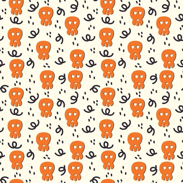 Um padrão com um rosto assustador para o Dia das Bruxas. O substrato está na cor preta e laranja do outono. Fundo de outubro para crianças histórias de terror têxtil doodle. —  Vetores de Stock