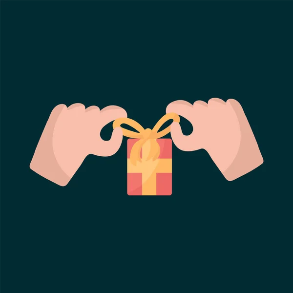 En affisch med en gåva i handen. Illustration av en låda med en present. Händerna knyt upp bandet vid gåvan. Ikon i färg för design. — Stock vektor