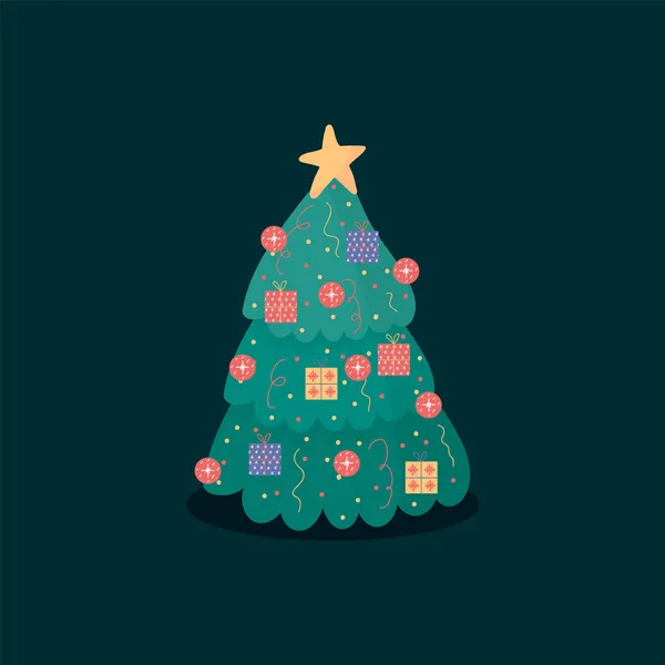 Escena de invierno con cajas de regalo del árbol de Navidad. Ilustración para las vacaciones de Año Nuevo. Sorpresas de Año Nuevo y Navidad. — Vector de stock