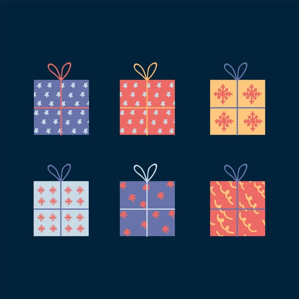 Een set geschenkdozen. Pictogrammen van veelkleurige dozen met cadeautjes. De verrassing zit erin. Kerstcadeaudozen met linten. — Stockvector