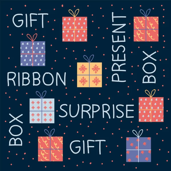 Affiche met geschenken en belettering. Dozen in een cirkel van doodle multi-gekleurde dozen met cadeautjes. De verrassing zit erin. Geschenkdozen met linten en letters. — Stockvector