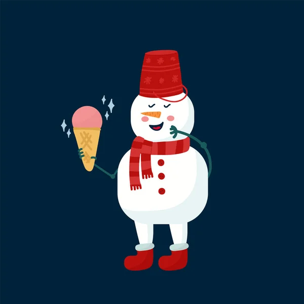 Bonito boneco de neve com sorvete. Um personagem de neve com um deleite mágico e frio. Uma ilustração vetorial desenhada para um cartão postal ou cartaz para o ano novo. — Vetor de Stock
