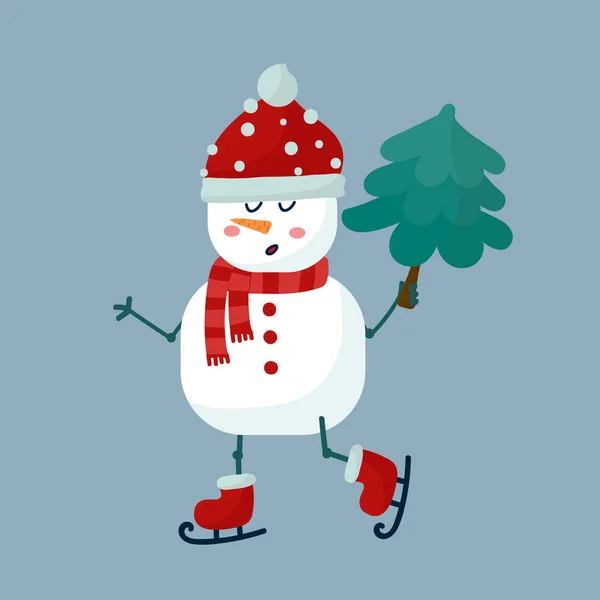 Сніговик з ялинкою в руці. Персонаж зі снігу катається на ковзанах. Листівка або плакат на Новий рік або Різдво з веселим маленьким чоловіком — стоковий вектор