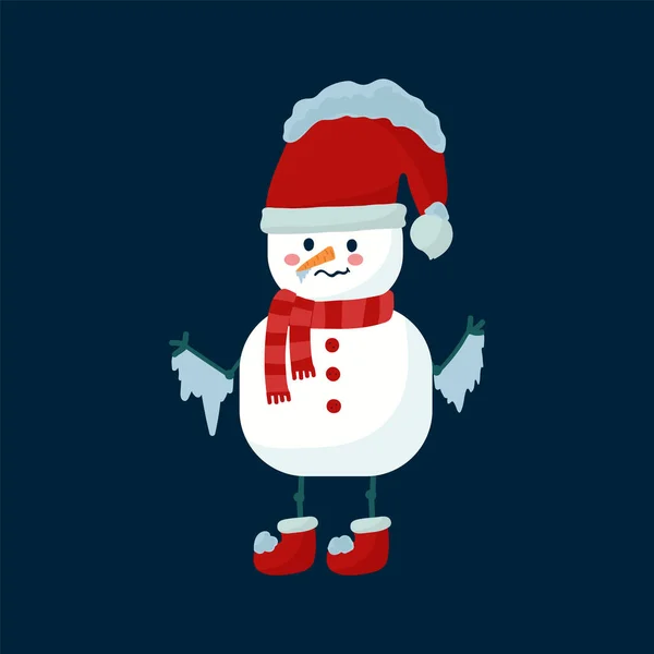 Um boneco de neve congelado com um chapéu vermelho e lenço. Um homem feito de neve com um nariz gelado e neve na cabeça. Uma personagem de Natal. Um cartão postal bonito ou cartaz para o ano novo. — Vetor de Stock