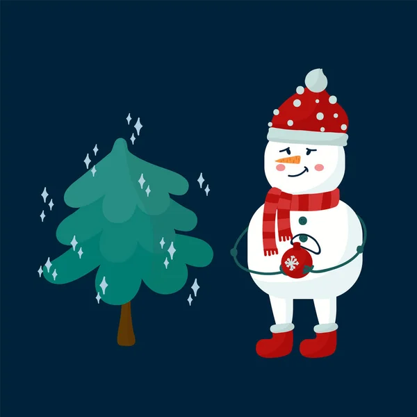 Bonito boneco de neve na árvore de Natal. Um personagem de neve veste uma árvore de Natal mágica. Um postal ou cartaz para o Ano Novo ou Natal. — Vetor de Stock