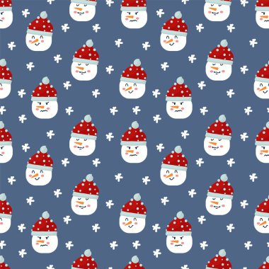 Farklı yüzleri olan kardan adamlar. Arka plan kış ve tekstil için karlı. Kar karakterli Noel arkaplanı. Mutlu yıllar ve mutlu Noeller..