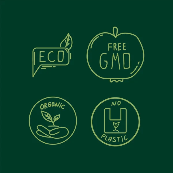 Un conjunto de iconos de ahorro de energía. Ambiente de garabato pintado, sin plástico, sin OGM. Verde sobre un fondo oscuro. — Vector de stock