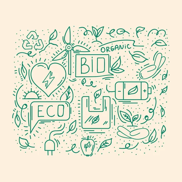Hintergrund energiesparendes natürliches Doodle. Nachhaltiges Plakat über Solarenergie, Ökologie. Organischer Hintergrund mit Symbolen für textilen Hintergrund. — Stockvektor