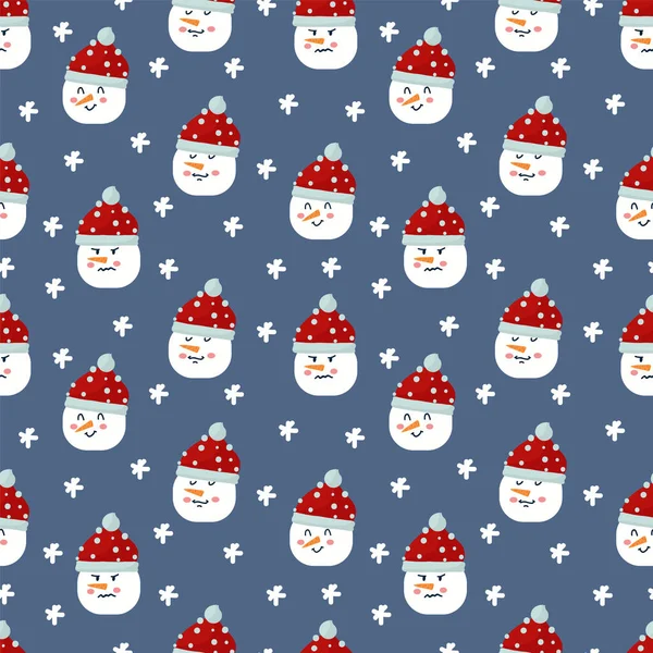 Ένα μοτίβο με χιονάνθρωπους με διαφορετικά πρόσωπα. Το φόντο είναι χειμώνας και χιονισμένο για υφάσματα. Χριστουγεννιάτικο φόντο με χαρακτήρες χιονιού. Ευτυχισμένο το Νέο Έτος και Καλά Χριστούγεννα. — Διανυσματικό Αρχείο