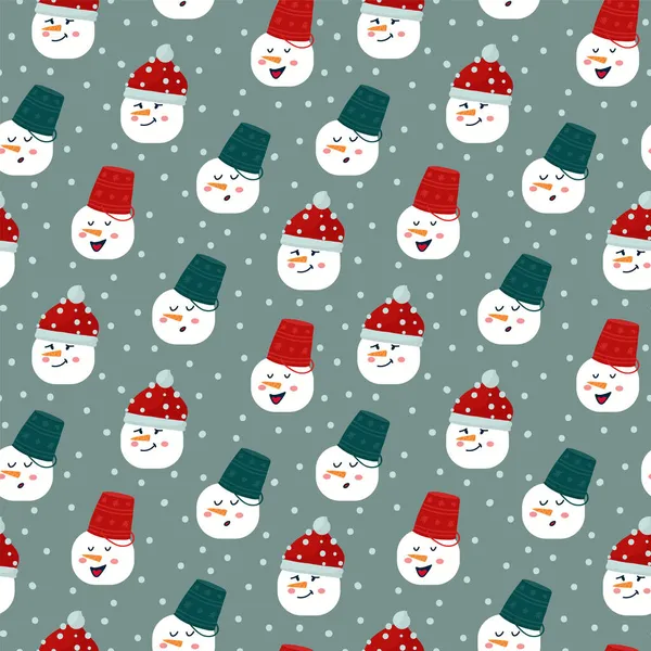 Vzor se sněhuláky v červeném klobouku a kýblem. Sněhuláci s mrkví místo nosu. Textilní pozadí se sněhovými znaky. Šťastný Nový rok a veselé Vánoce. — Stockový vektor