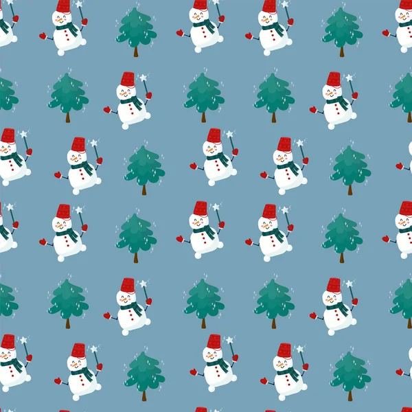 Hintergrund ist ein fröhlicher Schneemann. Hintergrund mit fröhlichem Wintercharakter und Zauberstab. Frohes Neues Jahr und frohe Weihnachten. — Stockvektor