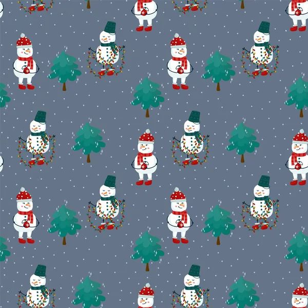Ένα μοτίβο με χιονάνθρωπους γύρω από ένα χριστουγεννιάτικο δέντρο με γιρλάντες. Χειμερινό φόντο για υφάσματα με χαρακτήρες χιονιού. Ευτυχισμένο το Νέο Έτος και Καλά Χριστούγεννα. — Διανυσματικό Αρχείο