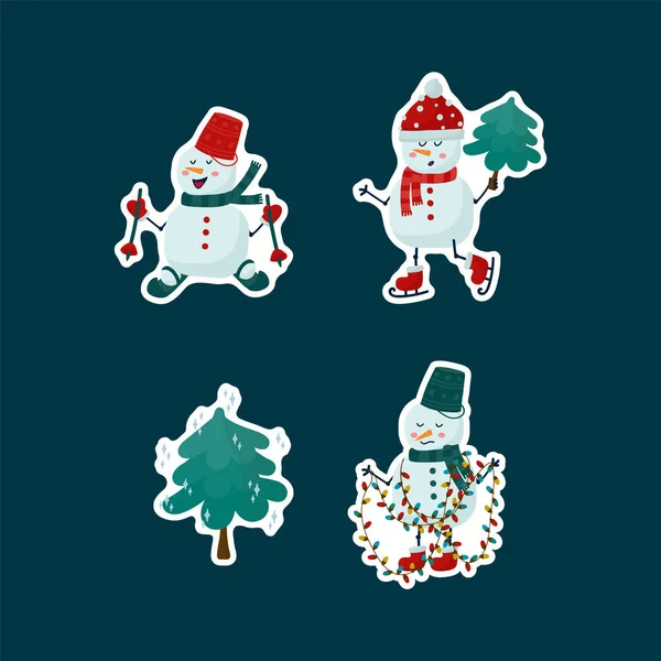 Un conjunto de pegatinas con lindos personajes de nieve. muñecos de nieve de invierno para su diseño. Feliz Año Nuevo y Feliz Navidad. — Vector de stock