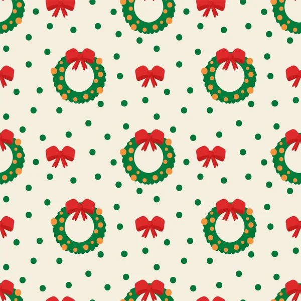 Antecedentes com coroas de Natal. Fundo de inverno festivo com decorações, árvore de Natal e arcos. Um suporte têxtil com símbolos de Natal em um círculo de pontos doodle. — Vetor de Stock