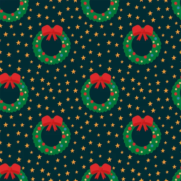 Hermoso fondo de la corona de Navidad. Un patrón con símbolos de la fiesta del árbol de Navidad y un lazo rojo. El sustrato para textiles. — Archivo Imágenes Vectoriales