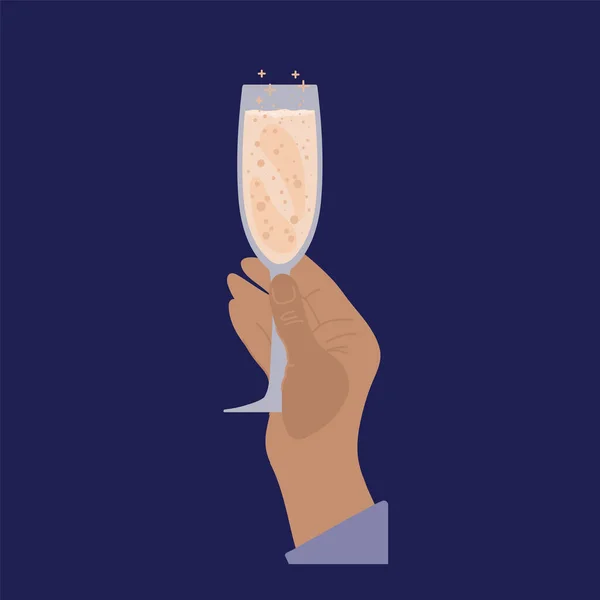Una mano con una copa de vino espumoso. Fiesta de champán. Cóctel y bebidas alcohólicas para el cartel en el bar. — Archivo Imágenes Vectoriales