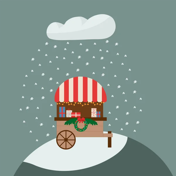 Ілюстрація дерев'яного магазину на колесах на вулиці. Різдвяний ринок для міста Новорічний продаж. Прикрашена лавка з вінком з ялинки . — стоковий вектор