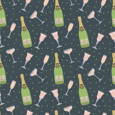 Şampanya ve bardaklarla dolu bir geçmiş. Farklı şişe ve bardaklarla alkollü içeceklerin olduğu bir model. Şampanyalı tekstil ürünleri için..