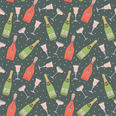 Şampanyalı ve bardaklı bir kalıp. Farklı şişe ve bardaklarla donatılmış bir arka plan. Şampanyalı tekstil ürünleri.