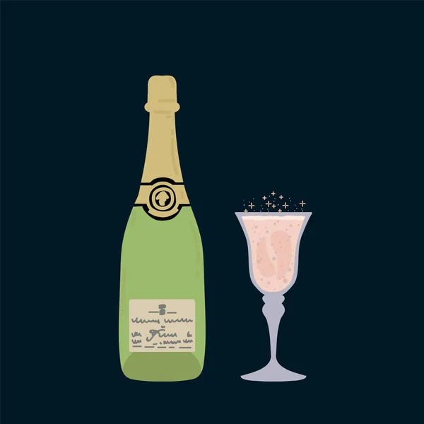 Ilustración de una botella de champán con una copa. Vino espumoso en una botella verde con copas retro. Cartel para una fiesta de champán. — Archivo Imágenes Vectoriales