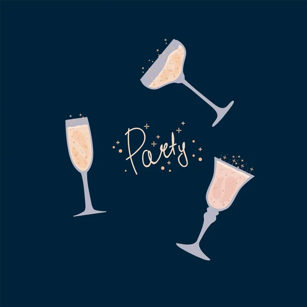 Ilustración de diferentes copas de champán. Champán con la inscripción Party. Vino espumoso en una fiesta de champán. — Archivo Imágenes Vectoriales
