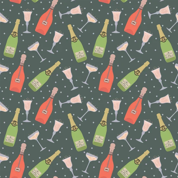 Un motif avec des verres et des bouteilles de champagne. Arrière-plan avec différentes bouteilles et verres. Support pour textiles avec champagne — Image vectorielle