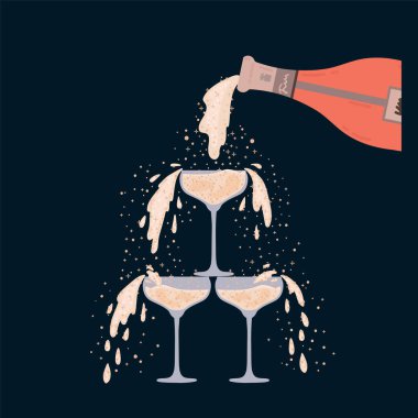 A bottle of Champagne pours a cascade of wine glasses at a party. Beautiful wedding presentation with sparkling wine. For a beautiful poster for a champagne party. vector A bottle of Champagne pours a cascade of wine glasses at a party. Beautiful wedding presentation with sparkling wine. For a beautiful poster for a champagne party. vector