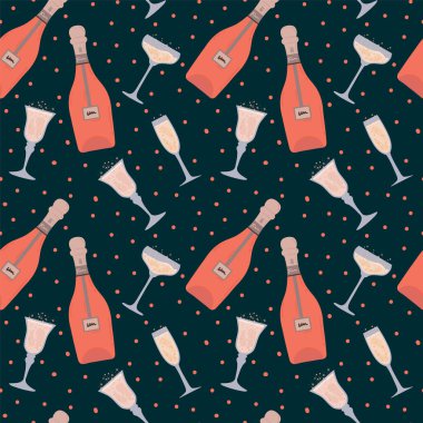 Bir şişe şampanyayla arka plan. Köpüklü şarapla güzel bir desen. Şişeli ve gözlüklü tekstil.