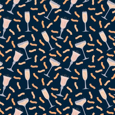 Köpüklü şarap kadehleriyle bir desen. Farklı kadehlerde şampanya ile arka plan. Şampanyalı tekstil ürünü..