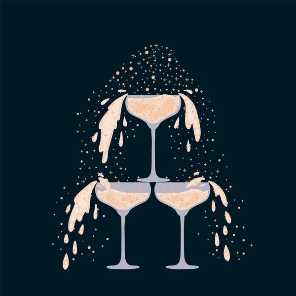 シャンパングラスのカスケード。スパークリングワインと結婚式のイラスト。シャンパンパーティーのための美しいポスターのために. — ストックベクタ