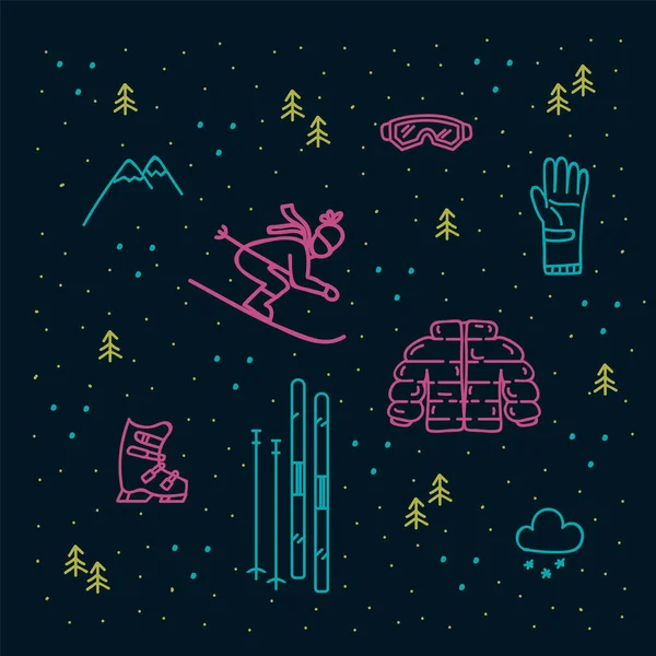 Schéma de ski. Sports d'hiver dans un fond linéaire coloré. Le fond d'un pictogramme de skieurs avec accessoires et vêtements pour le sport. — Image vectorielle