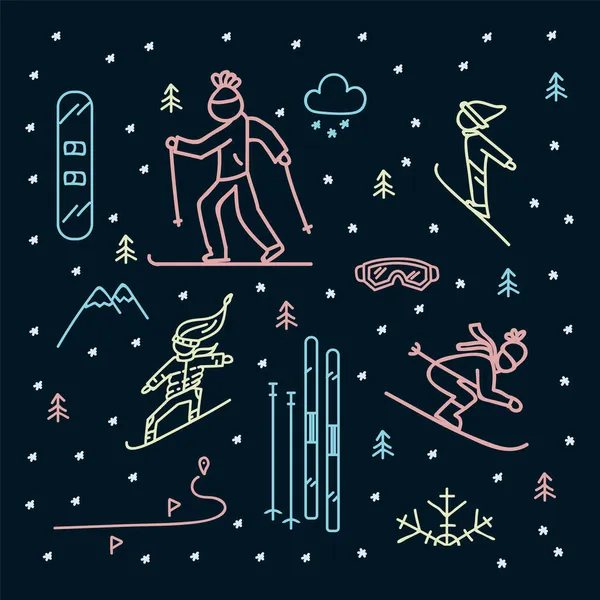 スキーのパターン。冬のマウンテンスポーツ。スキーや服を着た人々との冷たい背景の色. — ストックベクタ