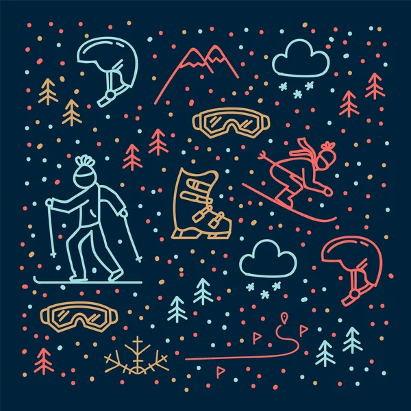 Χειμερινά σπορ μοτίβο σε γραμμική. Το φόντο του εικονόγραμμα είναι ένας σκιέρ, ένας snowboarder σε έναν κύκλο του χιονιού. — Διανυσματικό Αρχείο
