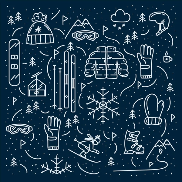 Contexte snowboard et ski. Icônes dans le cercle du motif doodle des sports de montagne d'hiver. Fond d'hiver linéaire pour une carte postale. — Image vectorielle