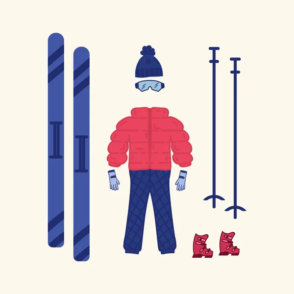 추운 계절에 스키타는 사람들이 입는 옷. 옷 과 장비 세트. 스키를 타는 사람을 위한 예. — 스톡 벡터
