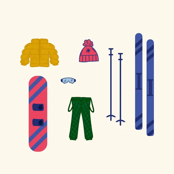 スキー用の衣類やアクセサリー。寒い季節のための服、機器のセット。スキーやスノーボードのための機器のカラフルなイラスト — ストックベクタ