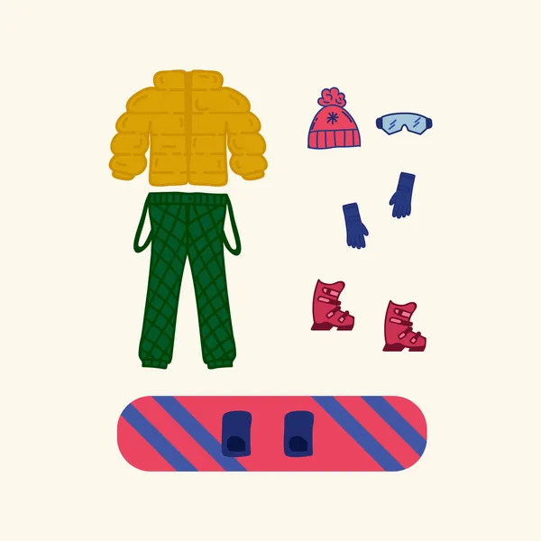 Oblečení a vybavení pro lyžování v chladném období. Ilustrace pro design v barvě. Bunda, klobouk, snowboard pro zimní sporty — Stockový vektor
