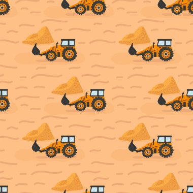 Childs 'ın yoldaki büyük kamyonunun arka planı. İçinde kum dolu kova olan bir traktör. Çizgi film desenli sarı çocuklar moda tekstili..