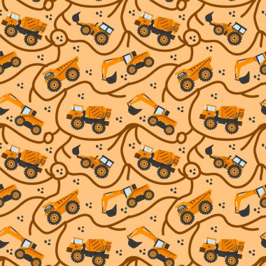 Çocuklar için şablon Büyük Kamyon. Sarı beton karıştırıcı ve kamyonların resimleriyle çocuk arkaplanı. Çizgi film kargo taşımacılığı tekstil modası için karalama çemberinde.