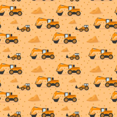 Elinde kova olan büyük bir kamyonun çocuk desenleri. Erkek moda tekstili için kargo taşıyan çocuklar. Çizgi film sarı traktör, not veren kum dağıtıyor..