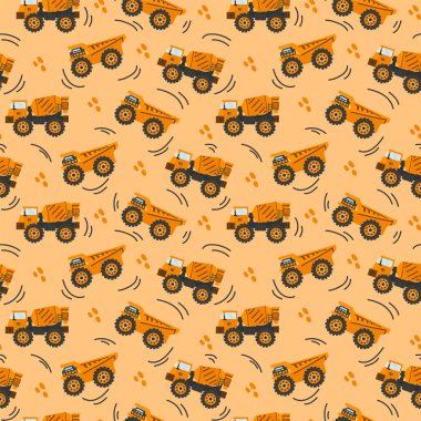 Kumda yoldaki bir çocuk kamyonunun şablonu. Kargo taşımacılığı, kargo teslimatı için bir araba. Çizgi film arka planı sarı çocuklar moda tekstili.