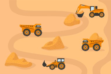 Yolda büyük kamyonlar var. Sarı taşıyıcı karikatür sarı kum yüklüyor. Görüntü kamyonları, kum dağıtım araçları.