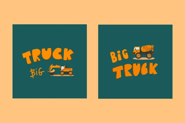 Soubor pohlednic Big Trucks. Dětská ilustrace s karikaturou dopravy. Nákladní automobily pro dodávky těžkých nákladů. — Stockový vektor