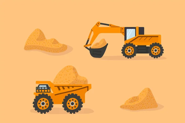 Иллюстрация больших грузовиков на дороге в песке. Детский векторный мультфильм о желтом транспорте. Автомобили грузят и доставляют песок. — стоковый вектор